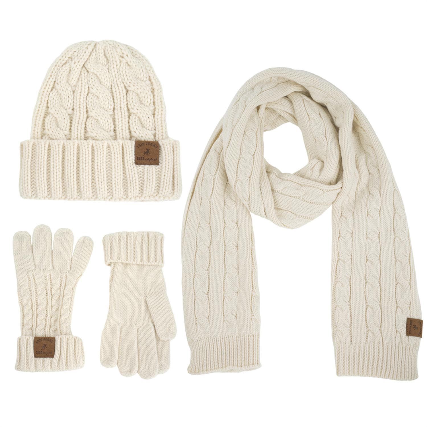 Conjunto gorro-bufanda y guantes beige - Imagen 3